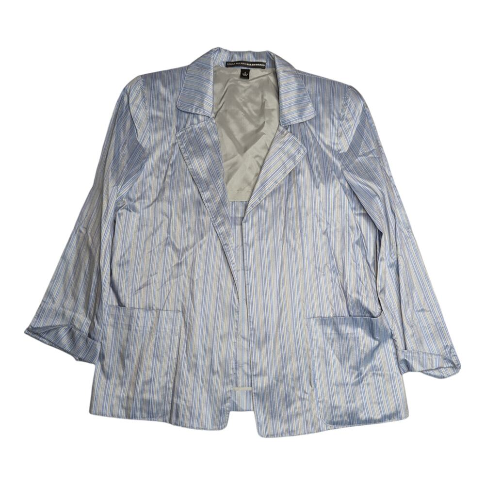 Vtg 1990s Linda Allard Ellen Tracy Blue 100% Silk Pinstripe Open Front Blazer 4